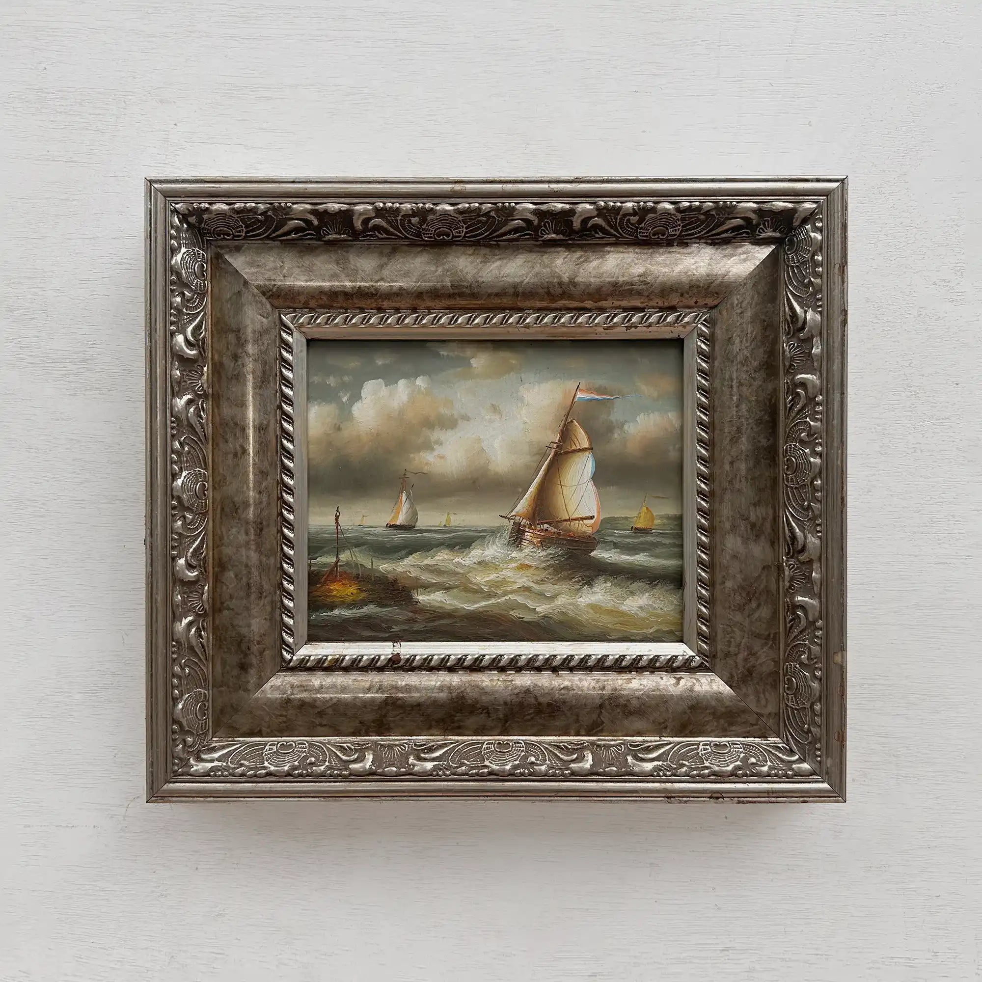 Original Hand-Painted Maritime Sailboat Seascape Oil Painting in Heavy Ornate Silver Frame (with Frame 42 × 37 cm) - Vintage Oil Painting - Arden Gallery