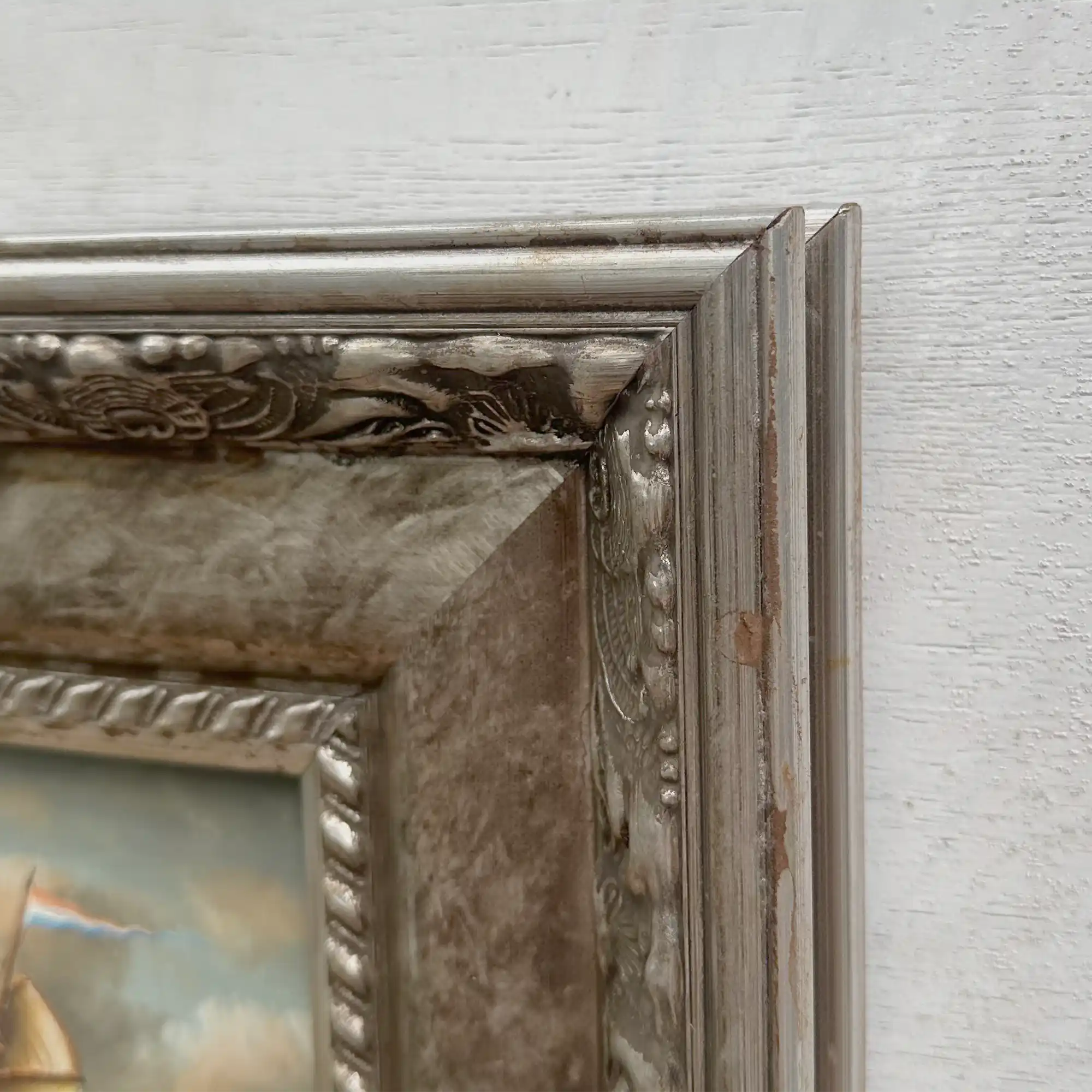 Original Hand-Painted Maritime Sailboat Seascape Oil Painting in Heavy Ornate Silver Frame (with Frame 42 × 37 cm) - Vintage Oil Painting - Arden Gallery