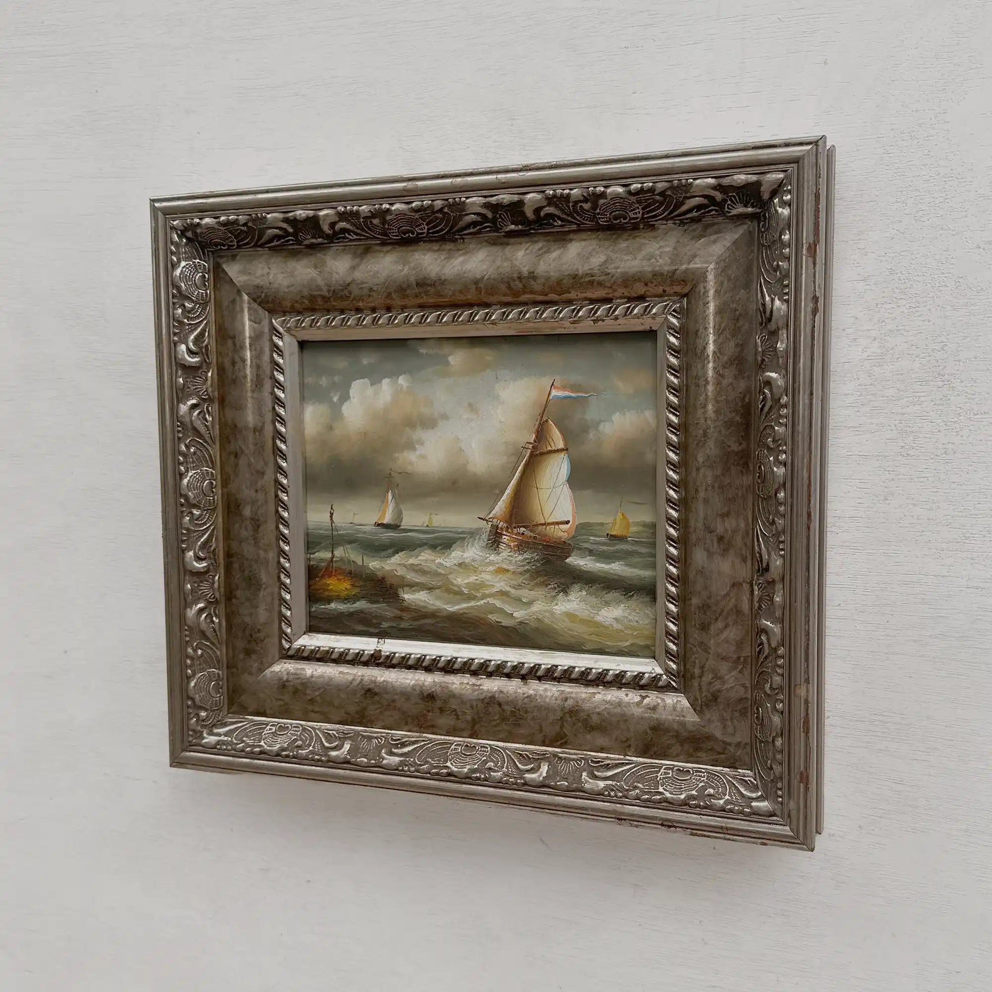 Original Hand-Painted Maritime Sailboat Seascape Oil Painting in Heavy Ornate Silver Frame (with Frame 42 × 37 cm) - Vintage Oil Painting - Arden Gallery