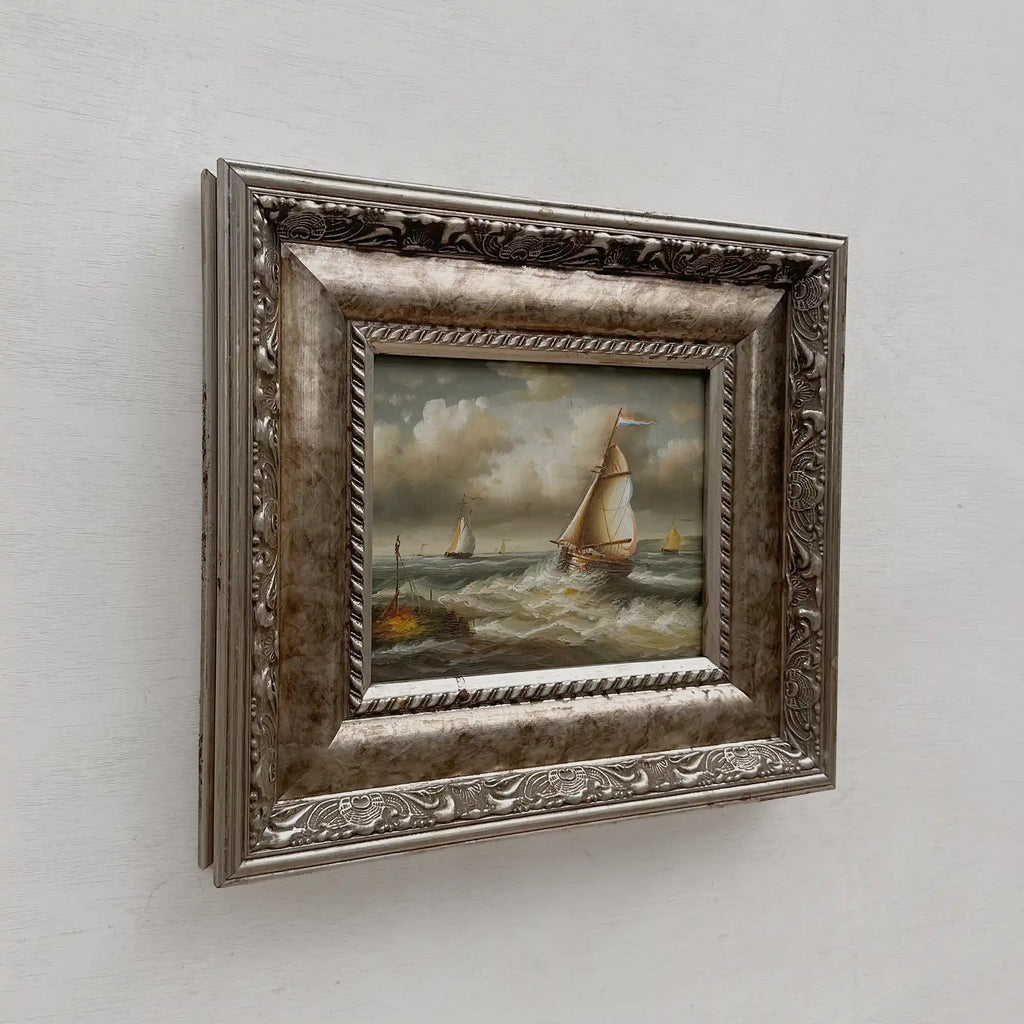 Original Hand-Painted Maritime Sailboat Seascape Oil Painting in Heavy Ornate Silver Frame (with Frame 42 × 37 cm) - Vintage Oil Painting - Arden Gallery