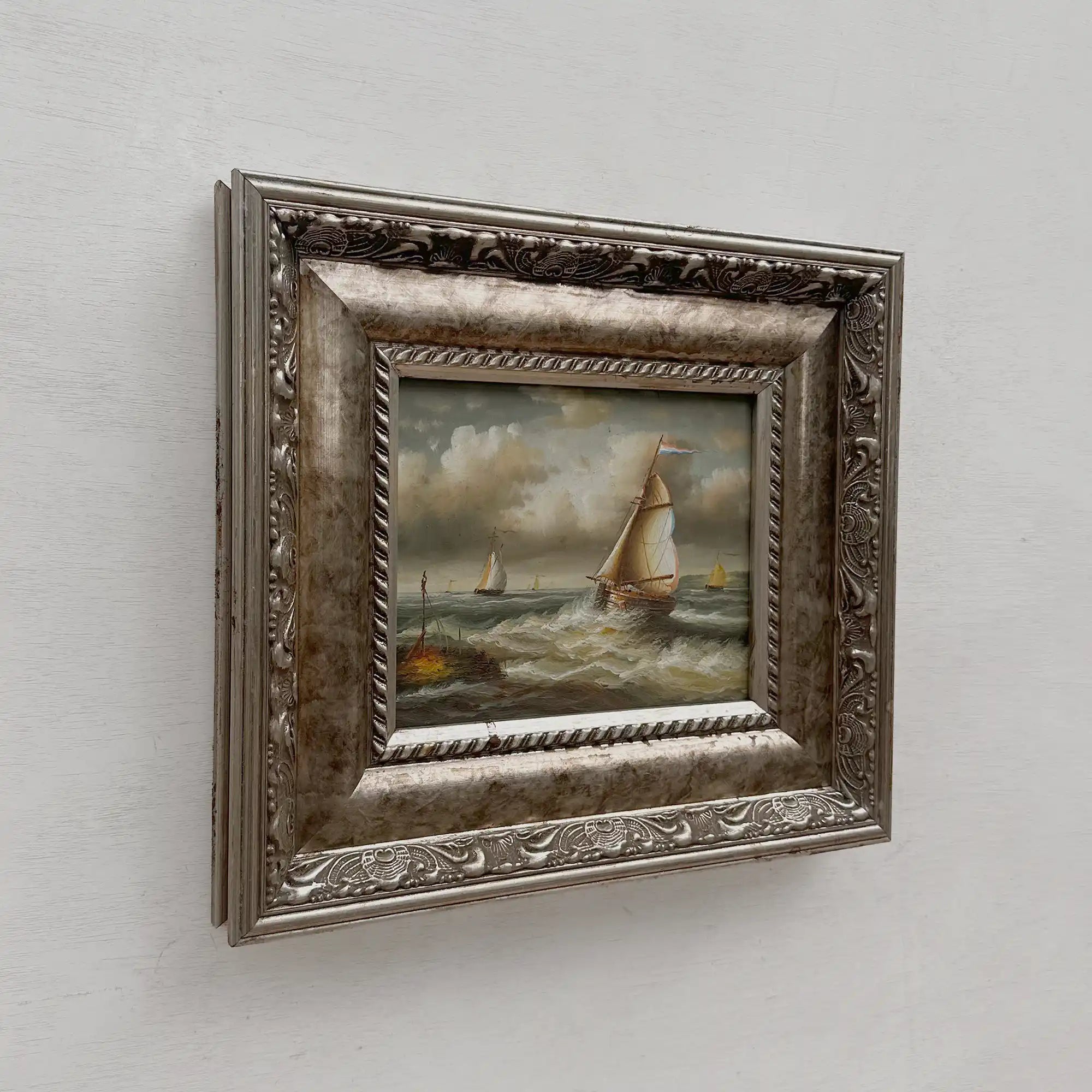 Original Hand-Painted Maritime Sailboat Seascape Oil Painting in Heavy Ornate Silver Frame (with Frame 42 × 37 cm) - Vintage Oil Painting - Arden Gallery