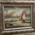 Original Hand-Painted Maritime Sailboat Seascape Oil Painting in Heavy Ornate Silver Frame (with Frame 42 × 37 cm) - Vintage Oil Painting - Arden Gallery