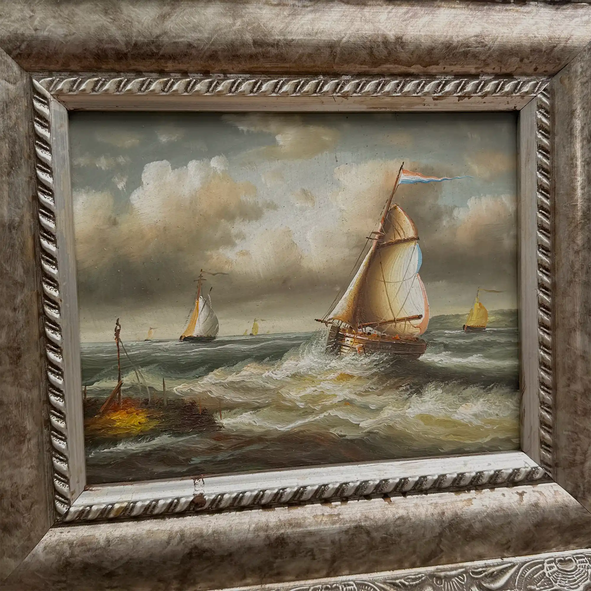 Original Hand-Painted Maritime Sailboat Seascape Oil Painting in Heavy Ornate Silver Frame (with Frame 42 × 37 cm) - Vintage Oil Painting - Arden Gallery