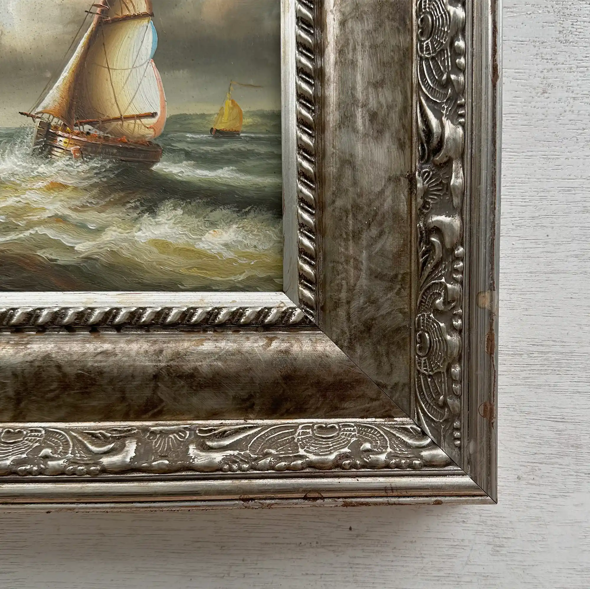 Original Hand-Painted Maritime Sailboat Seascape Oil Painting in Heavy Ornate Silver Frame (with Frame 42 × 37 cm) - Vintage Oil Painting - Arden Gallery