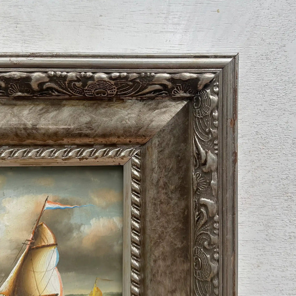 Original Hand-Painted Maritime Sailboat Seascape Oil Painting in Heavy Ornate Silver Frame (with Frame 42 × 37 cm) - Vintage Oil Painting - Arden Gallery