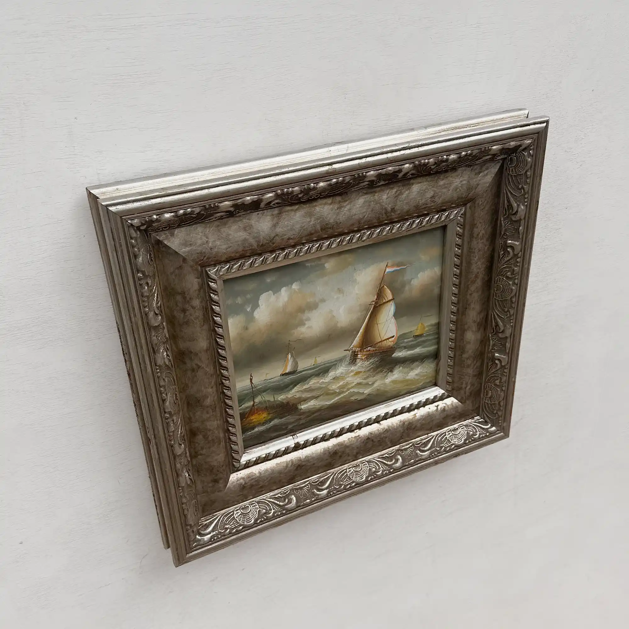 Original Hand-Painted Maritime Sailboat Seascape Oil Painting in Heavy Ornate Silver Frame (with Frame 42 × 37 cm) - Vintage Oil Painting - Arden Gallery