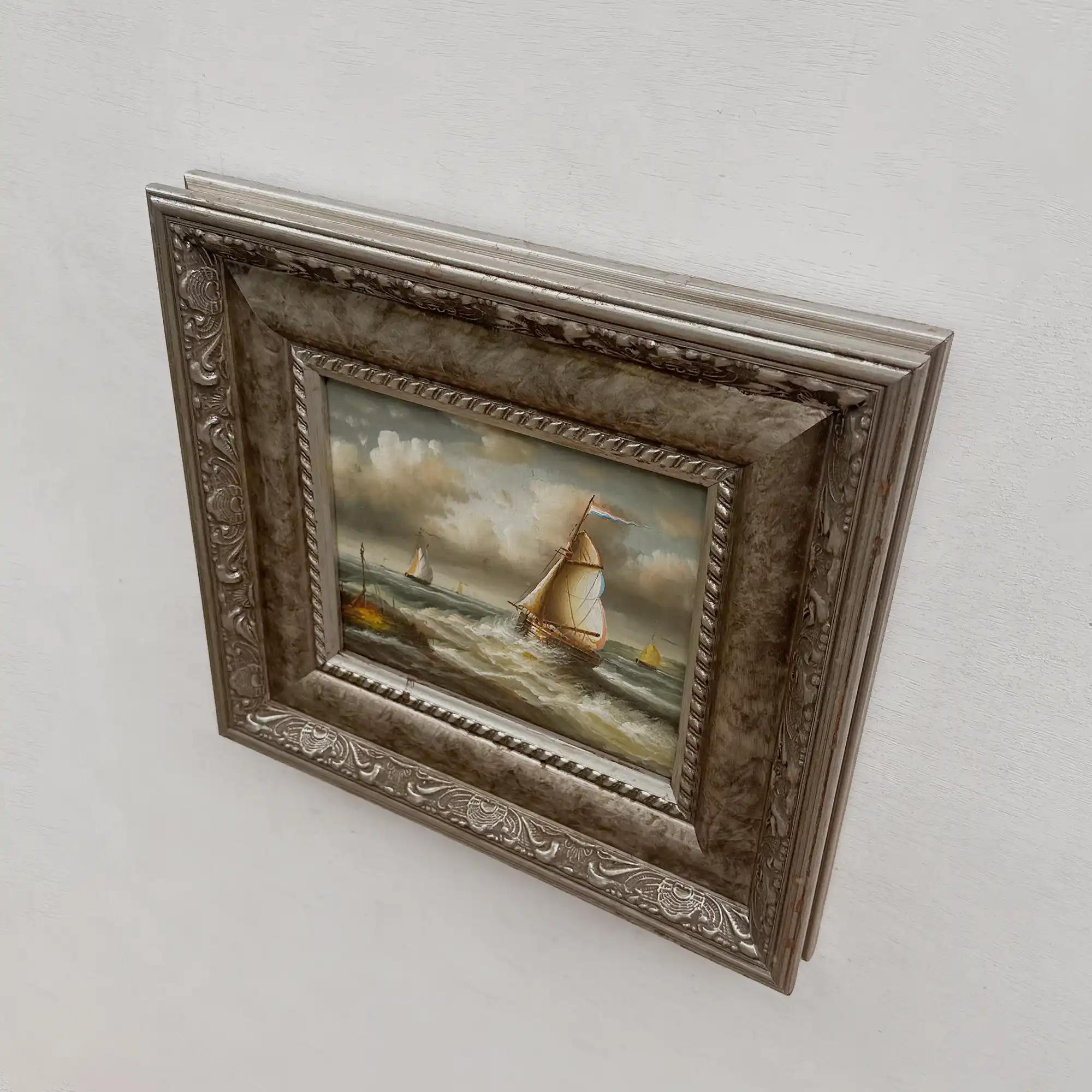 Original Hand-Painted Maritime Sailboat Seascape Oil Painting in Heavy Ornate Silver Frame (with Frame 42 × 37 cm) - Vintage Oil Painting - Arden Gallery