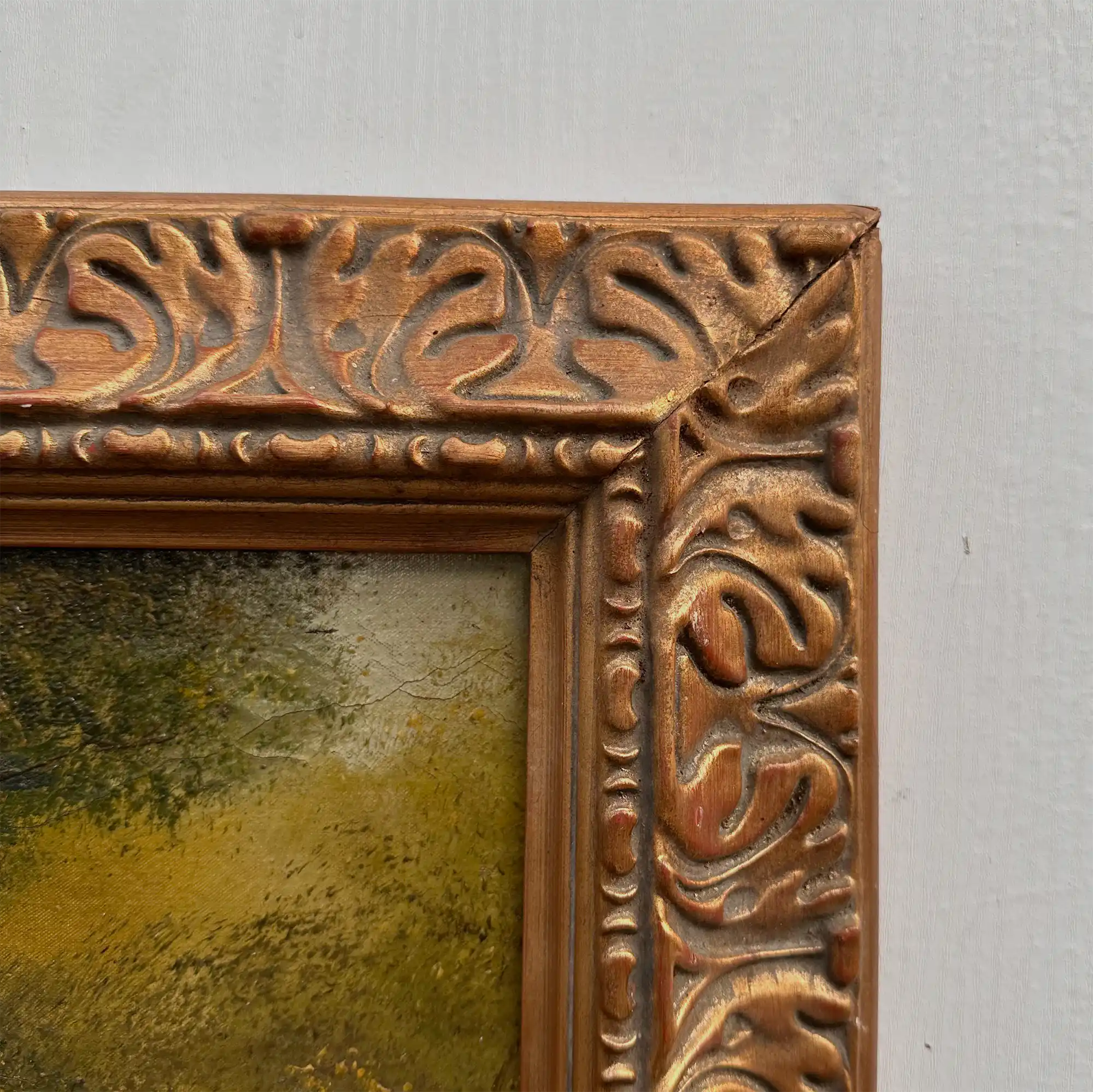 Original Hand-Painted Vintage Forest Landscape Oil Painting, Ornately Carved Solid Wood Frame, One-of-a-Kind Art Collectible - Vintage Oil Painting - Arden Gallery