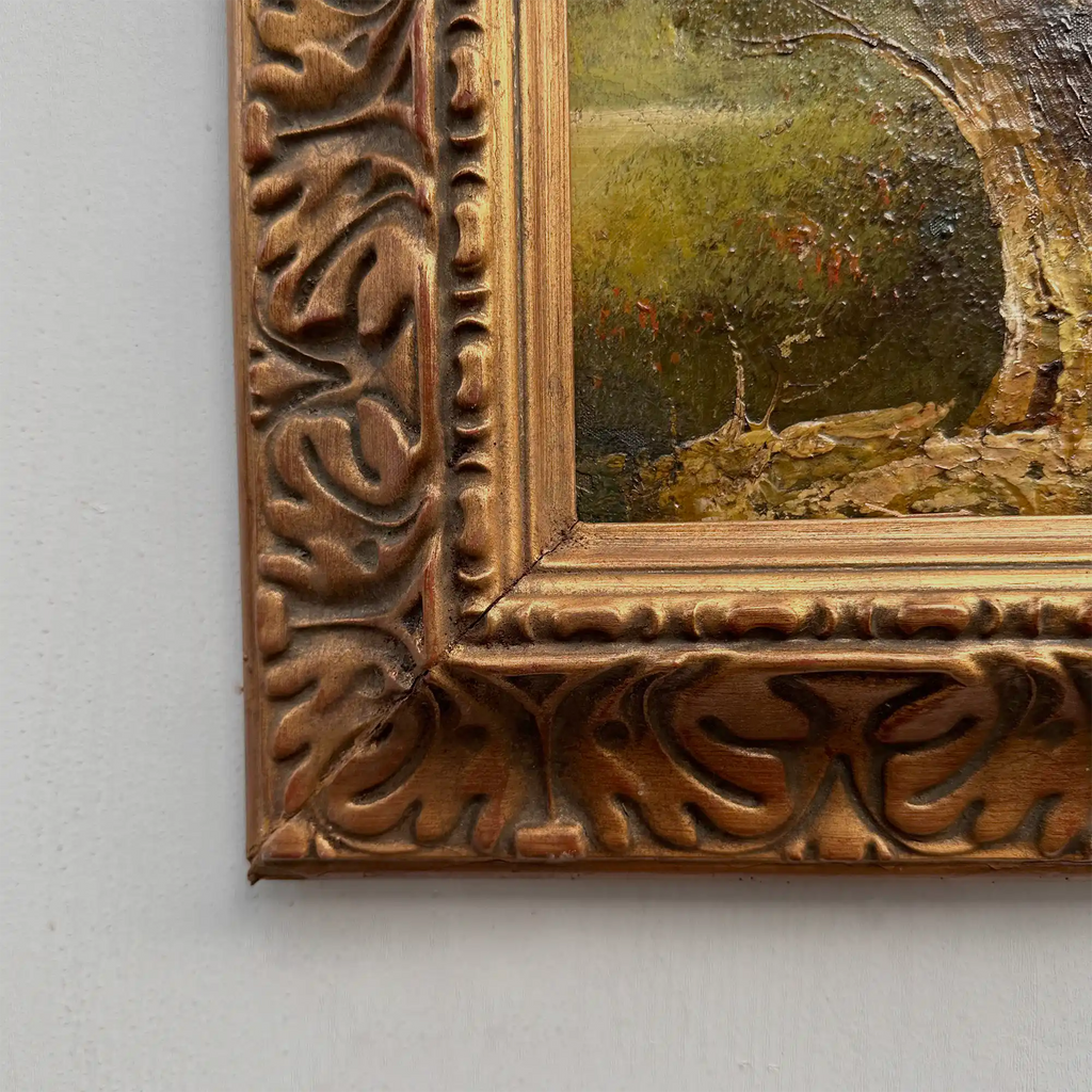 Original Hand-Painted Vintage Forest Landscape Oil Painting, Ornately Carved Solid Wood Frame, One-of-a-Kind Art Collectible - Vintage Oil Painting - Arden Gallery