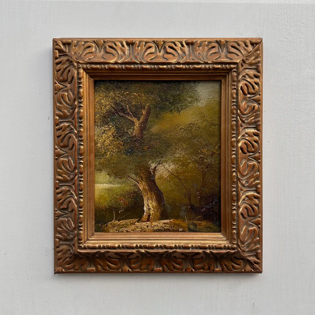 Original Hand-Painted Vintage Forest Landscape Oil Painting, Ornately Carved Solid Wood Frame, One-of-a-Kind Art Collectible - Vintage Oil Painting - Arden Gallery