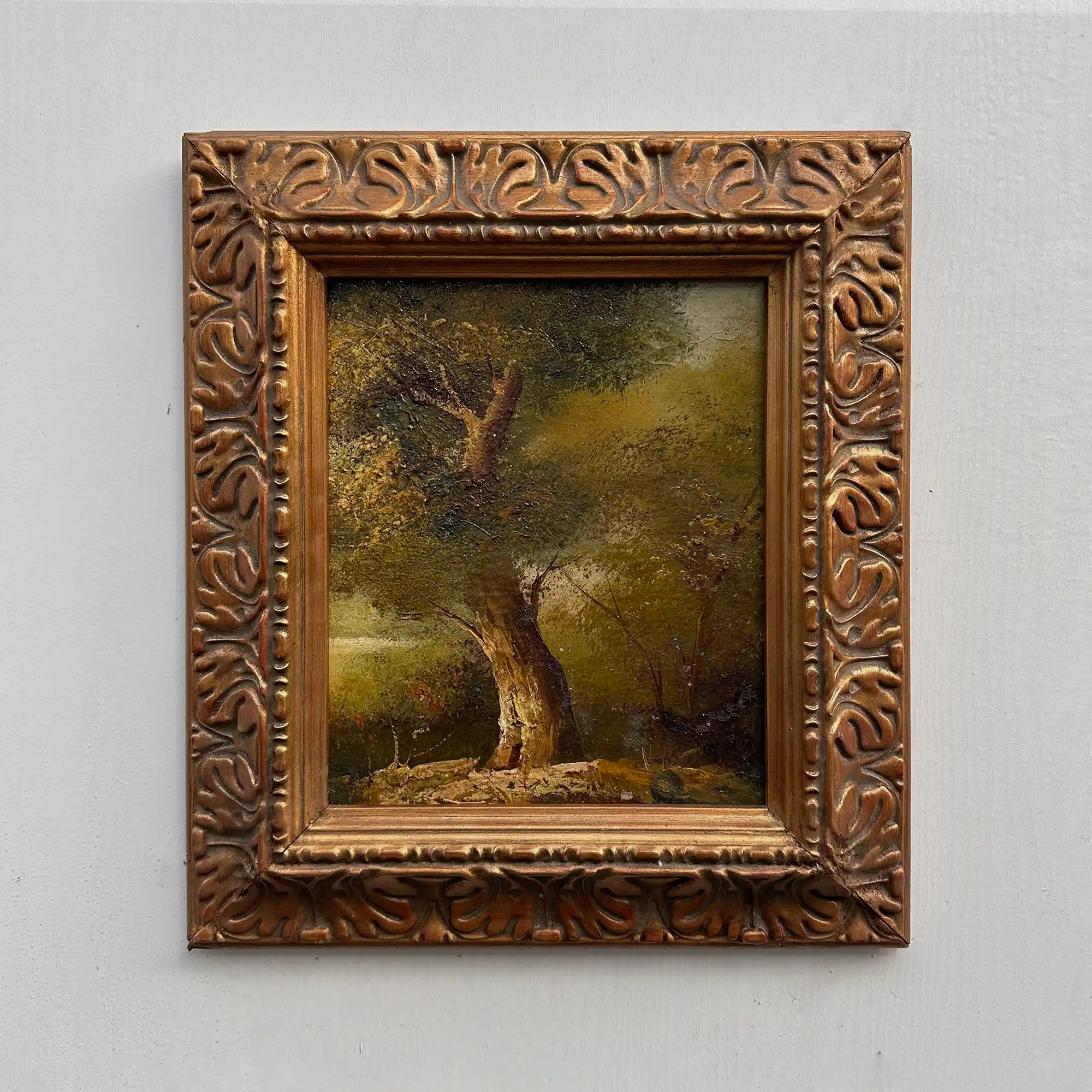 Original Hand-Painted Vintage Forest Landscape Oil Painting, Ornately Carved Solid Wood Frame, One-of-a-Kind Art Collectible - Vintage Oil Painting - Arden Gallery