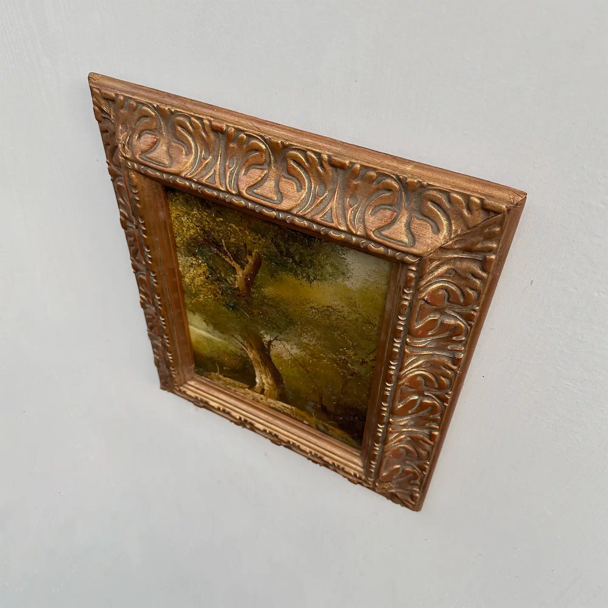 Original Hand-Painted Vintage Forest Landscape Oil Painting, Ornately Carved Solid Wood Frame, One-of-a-Kind Art Collectible - Vintage Oil Painting - Arden Gallery