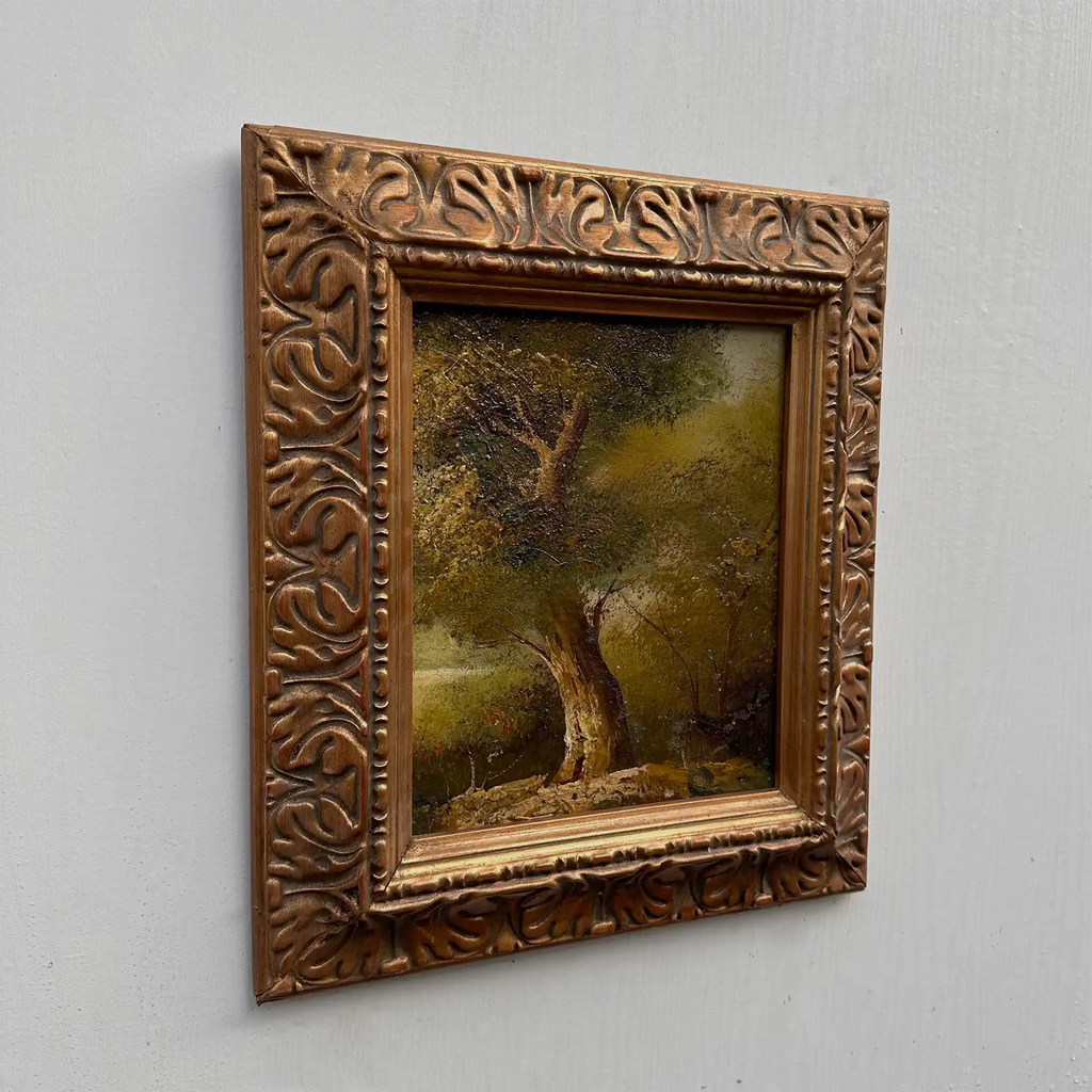 Original Hand-Painted Vintage Forest Landscape Oil Painting, Ornately Carved Solid Wood Frame, One-of-a-Kind Art Collectible - Vintage Oil Painting - Arden Gallery