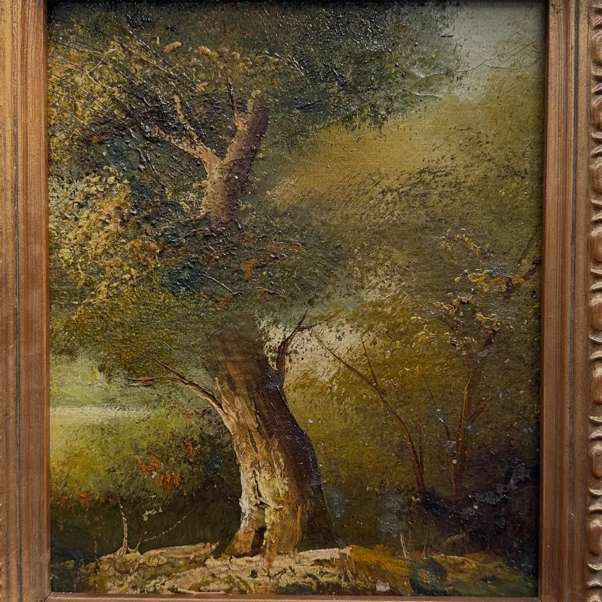 Original Hand-Painted Vintage Forest Landscape Oil Painting, Ornately Carved Solid Wood Frame, One-of-a-Kind Art Collectible - Vintage Oil Painting - Arden Gallery