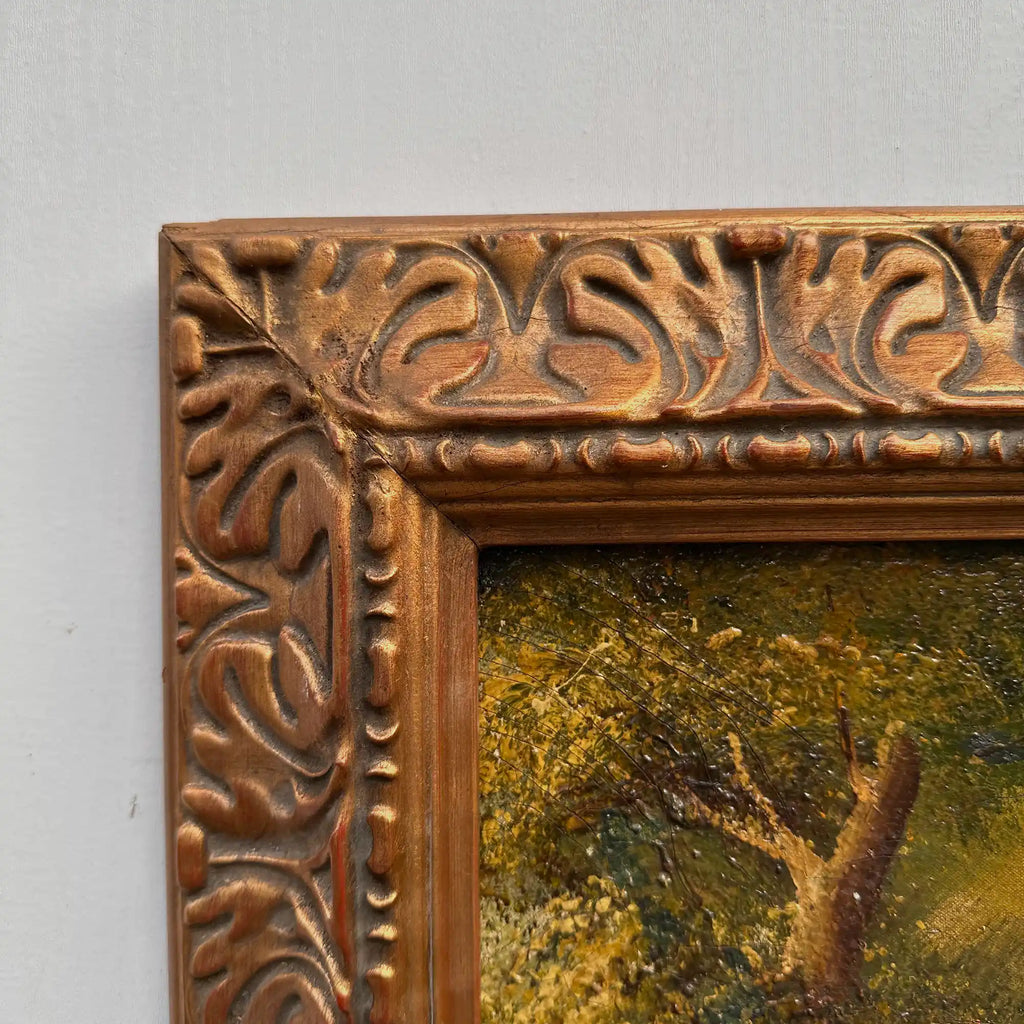 Original Hand-Painted Vintage Forest Landscape Oil Painting, Ornately Carved Solid Wood Frame, One-of-a-Kind Art Collectible - Vintage Oil Painting - Arden Gallery