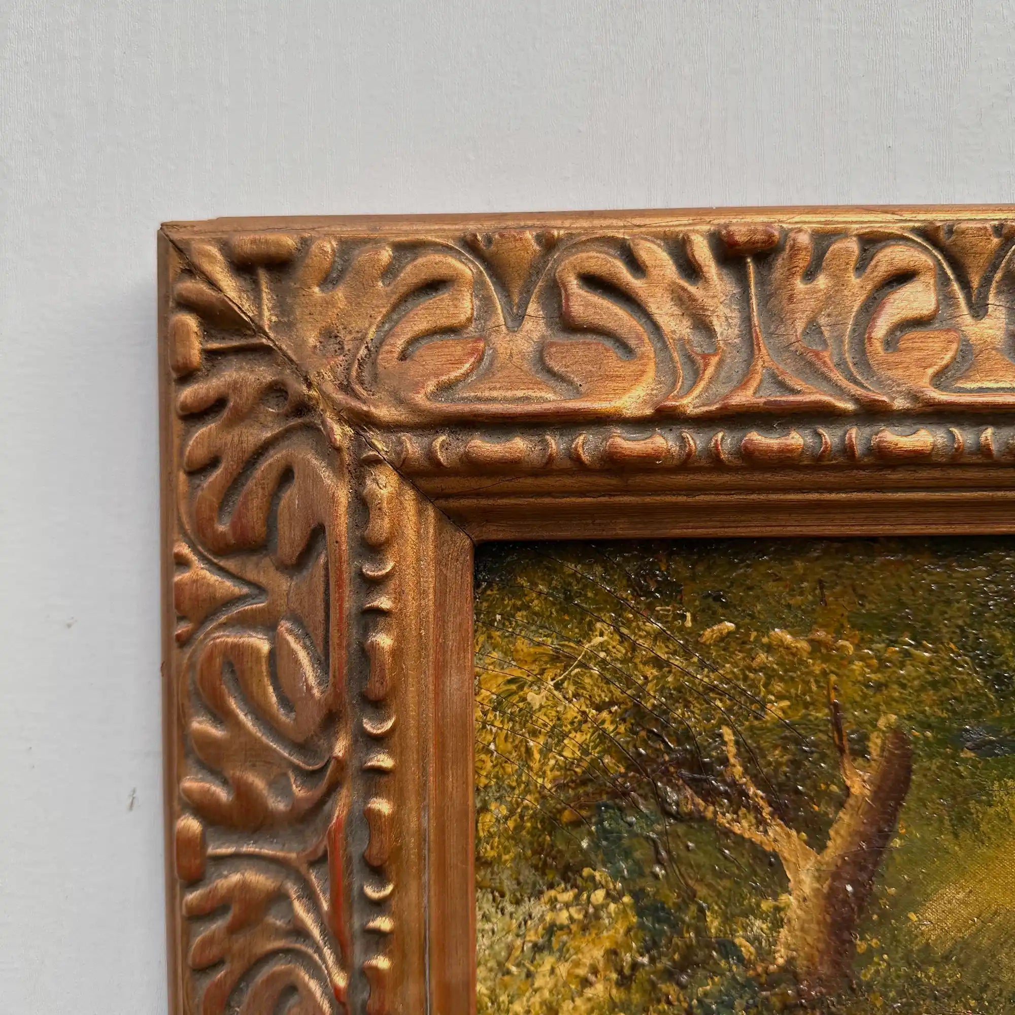 Original Hand-Painted Vintage Forest Landscape Oil Painting, Ornately Carved Solid Wood Frame, One-of-a-Kind Art Collectible - Vintage Oil Painting - Arden Gallery