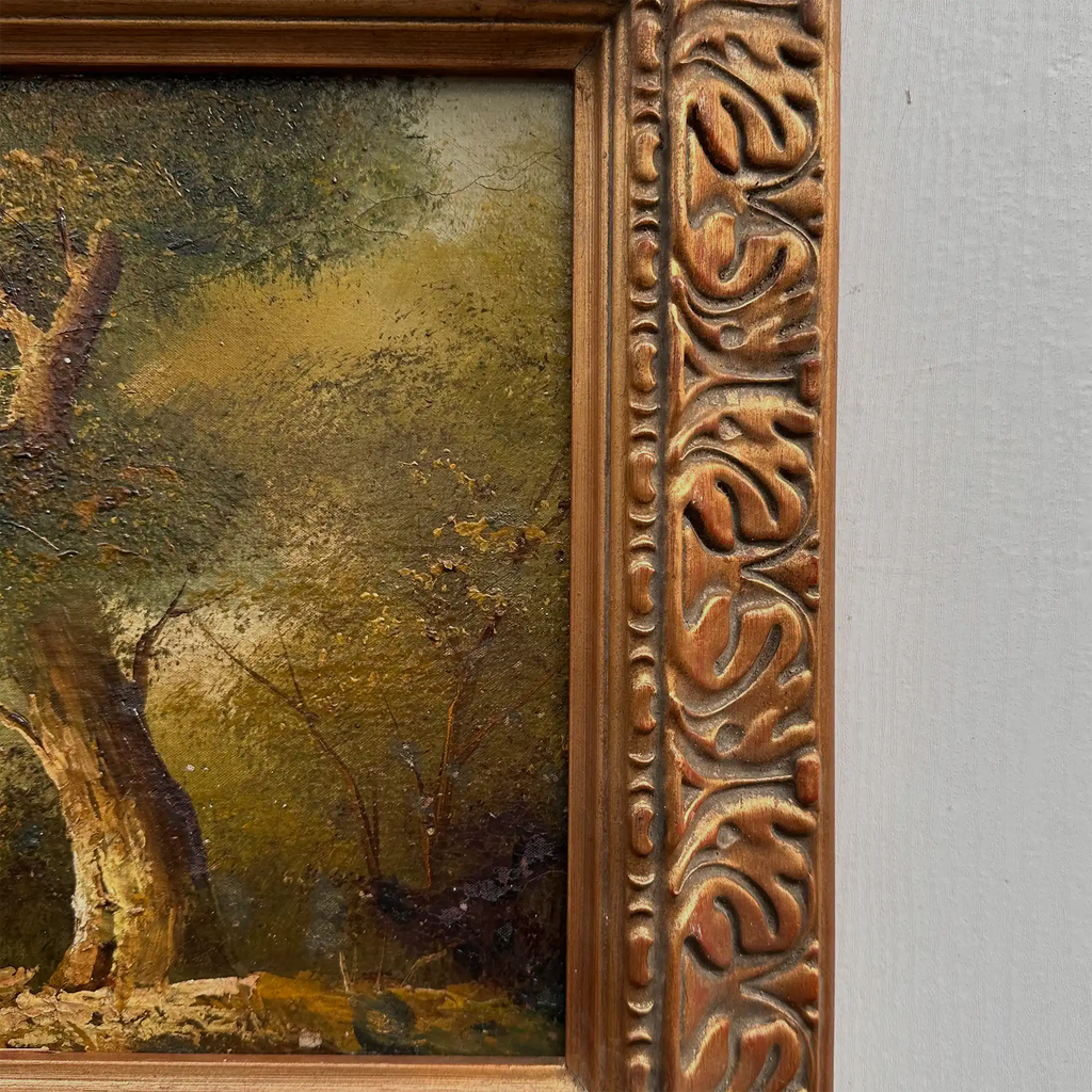 Original Hand-Painted Vintage Forest Landscape Oil Painting, Ornately Carved Solid Wood Frame, One-of-a-Kind Art Collectible - Vintage Oil Painting - Arden Gallery