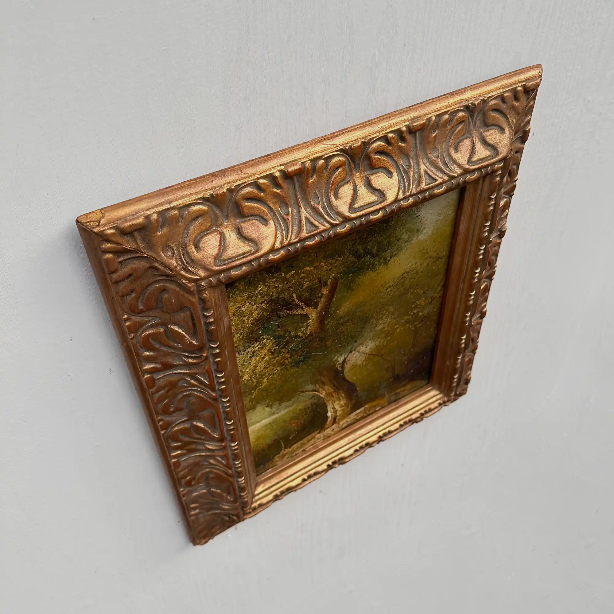 Original Hand-Painted Vintage Forest Landscape Oil Painting, Ornately Carved Solid Wood Frame, One-of-a-Kind Art Collectible - Vintage Oil Painting - Arden Gallery