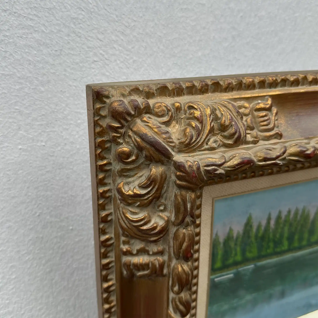 Original Hand-Painted Vintage Lakeside Landscape Oil Painting, Carved Solid Wood Frame, One of a Kind (Comes with Glass Cover) - Vintage Oil Painting - Arden Gallery