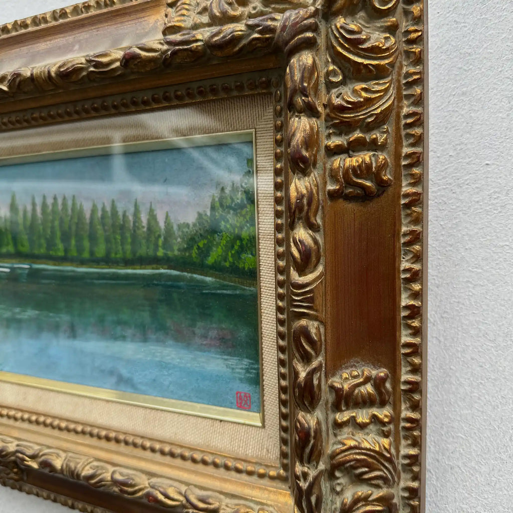 Original Hand-Painted Vintage Lakeside Landscape Oil Painting, Carved Solid Wood Frame, One of a Kind (Comes with Glass Cover) - Vintage Oil Painting - Arden Gallery