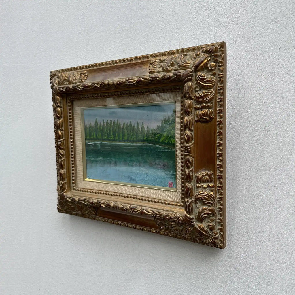 Original Hand-Painted Vintage Lakeside Landscape Oil Painting, Carved Solid Wood Frame, One of a Kind (Comes with Glass Cover) - Vintage Oil Painting - Arden Gallery