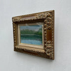 Original Hand-Painted Vintage Lakeside Landscape Oil Painting, Carved Solid Wood Frame, One of a Kind (Comes with Glass Cover) - Vintage Oil Painting - Arden Gallery