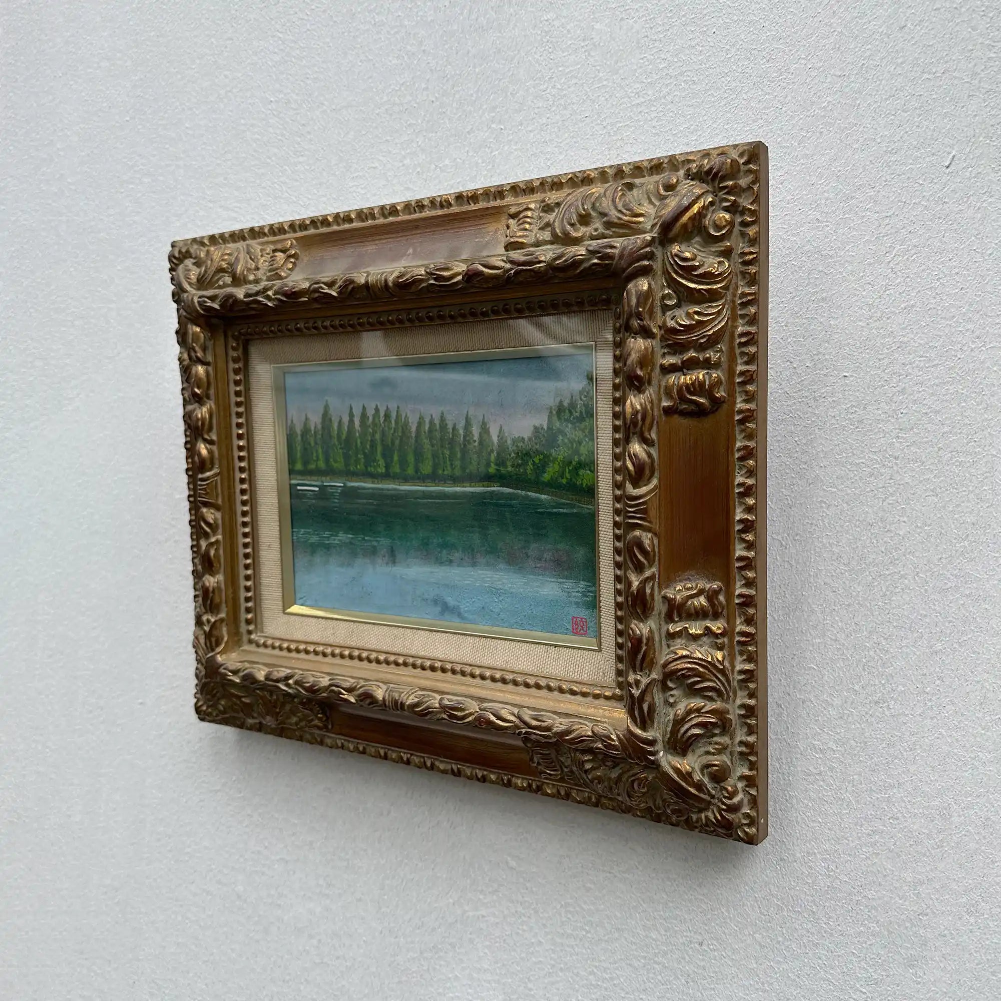 Original Hand-Painted Vintage Lakeside Landscape Oil Painting, Carved Solid Wood Frame, One of a Kind (Comes with Glass Cover) - Vintage Oil Painting - Arden Gallery