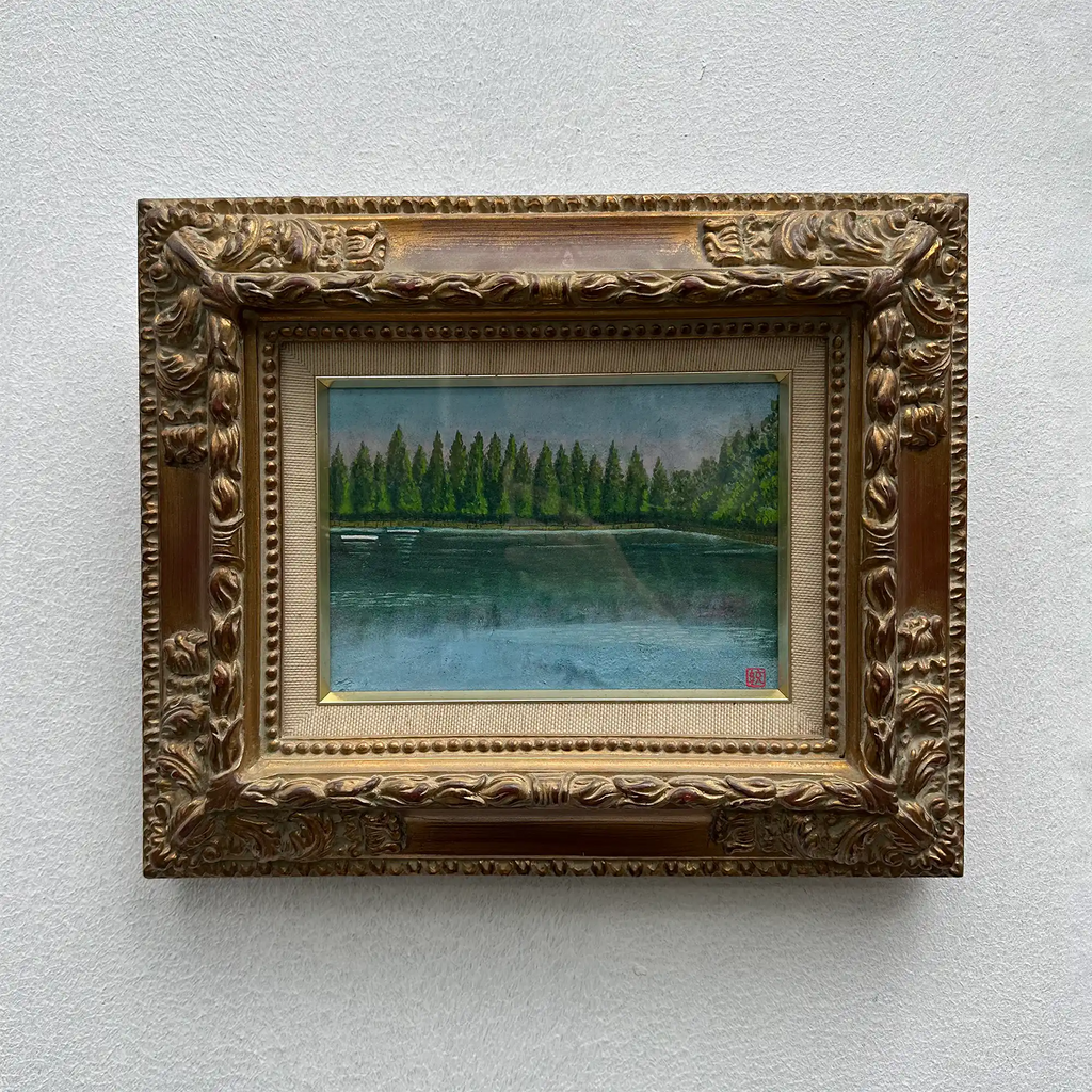 Original Hand-Painted Vintage Lakeside Landscape Oil Painting, Carved Solid Wood Frame, One of a Kind (Comes with Glass Cover) - Vintage Oil Painting - Arden Gallery