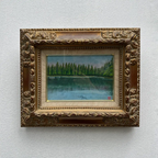 Original Hand-Painted Vintage Lakeside Landscape Oil Painting, Carved Solid Wood Frame, One of a Kind (Comes with Glass Cover) - Vintage Oil Painting - Arden Gallery