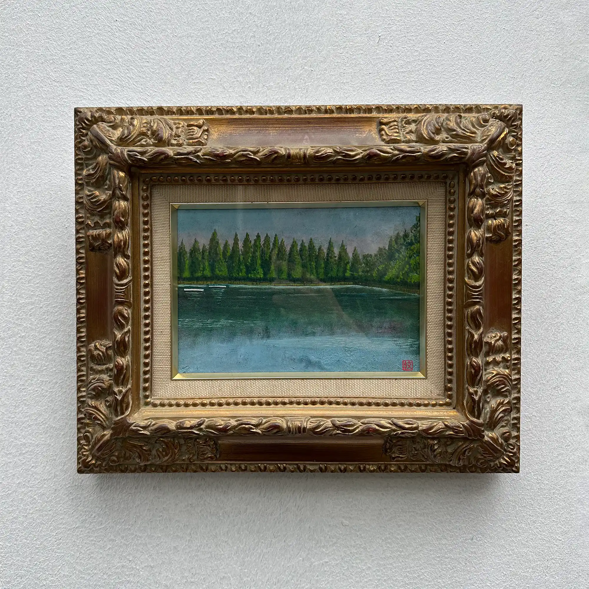 Original Hand-Painted Vintage Lakeside Landscape Oil Painting, Carved Solid Wood Frame, One of a Kind (Comes with Glass Cover) - Vintage Oil Painting - Arden Gallery