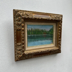 Original Hand-Painted Vintage Lakeside Landscape Oil Painting, Carved Solid Wood Frame, One of a Kind (Comes with Glass Cover) - Vintage Oil Painting - Arden Gallery