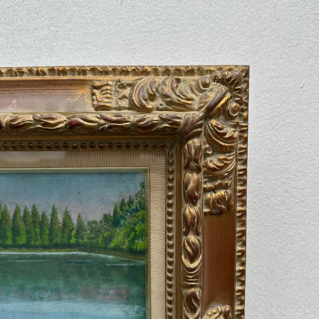 Original Hand-Painted Vintage Lakeside Landscape Oil Painting, Carved Solid Wood Frame, One of a Kind (Comes with Glass Cover) - Vintage Oil Painting - Arden Gallery