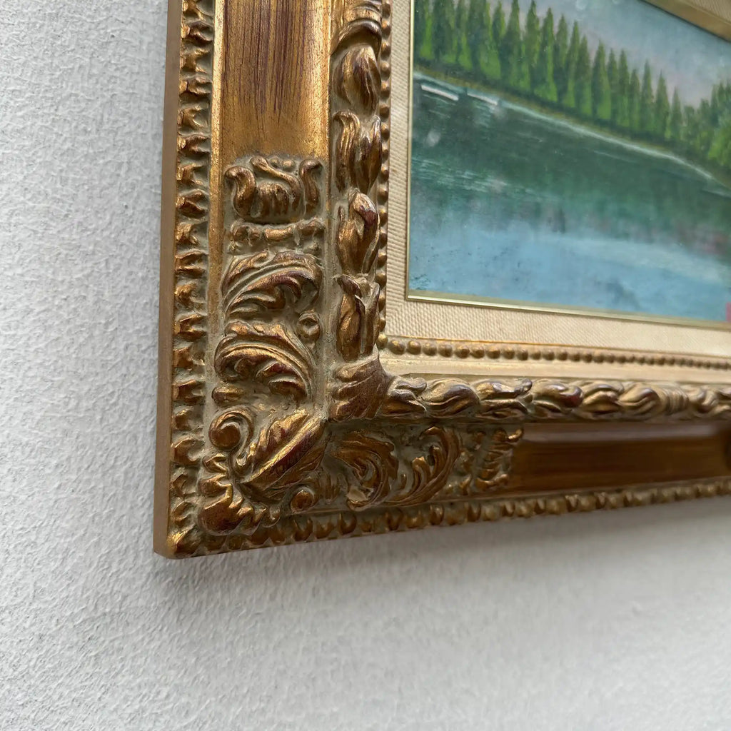 Original Hand-Painted Vintage Lakeside Landscape Oil Painting, Carved Solid Wood Frame, One of a Kind (Comes with Glass Cover) - Vintage Oil Painting - Arden Gallery