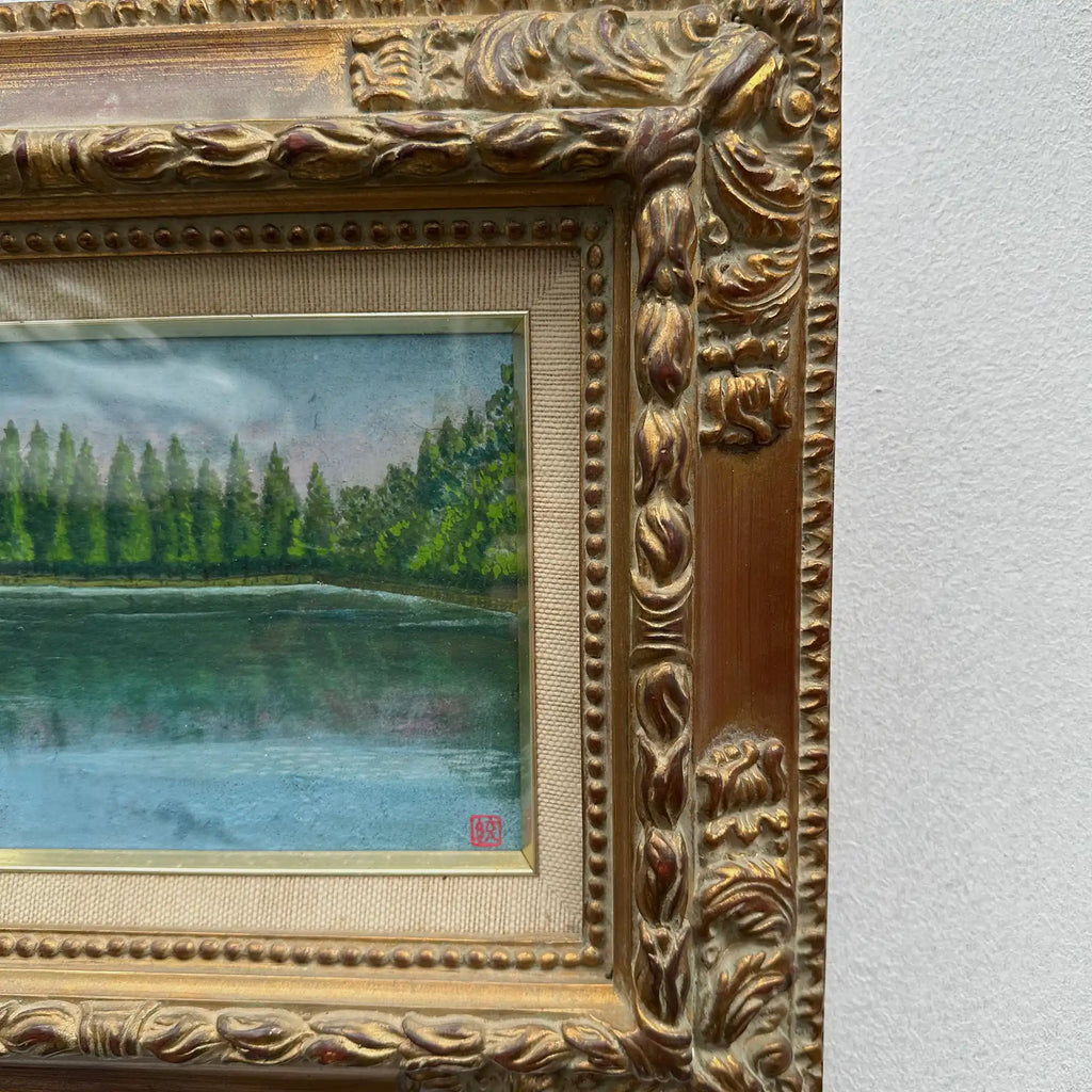 Original Hand-Painted Vintage Lakeside Landscape Oil Painting, Carved Solid Wood Frame, One of a Kind (Comes with Glass Cover) - Vintage Oil Painting - Arden Gallery
