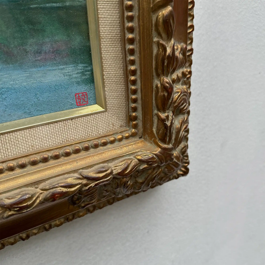 Original Hand-Painted Vintage Lakeside Landscape Oil Painting, Carved Solid Wood Frame, One of a Kind (Comes with Glass Cover) - Vintage Oil Painting - Arden Gallery