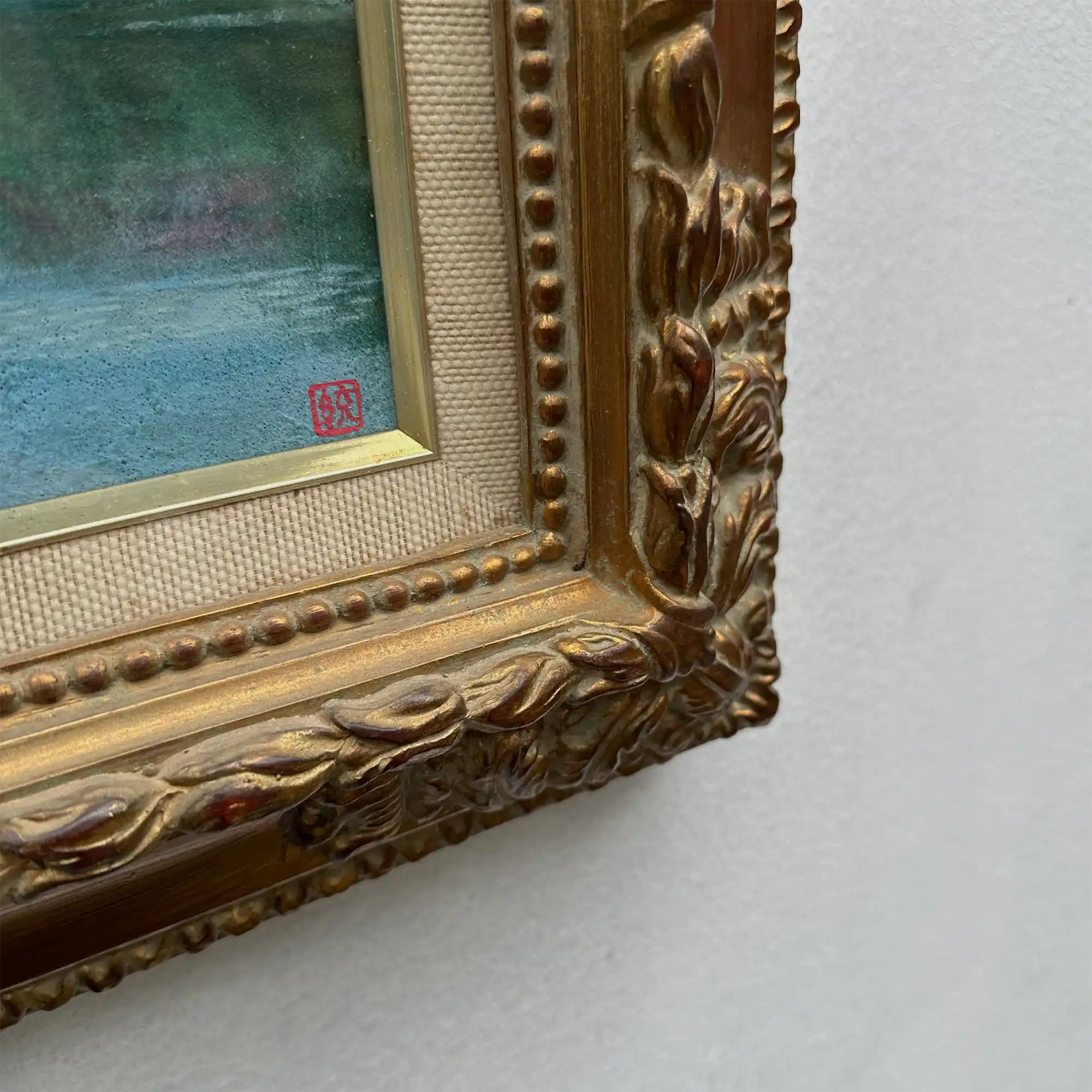 Original Hand-Painted Vintage Lakeside Landscape Oil Painting, Carved Solid Wood Frame, One of a Kind (Comes with Glass Cover) - Vintage Oil Painting - Arden Gallery
