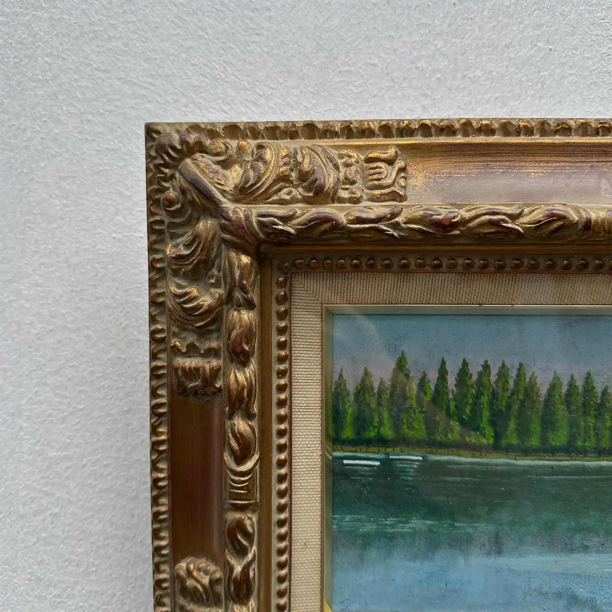 Original Hand-Painted Vintage Lakeside Landscape Oil Painting, Carved Solid Wood Frame, One of a Kind (Comes with Glass Cover) - Vintage Oil Painting - Arden Gallery