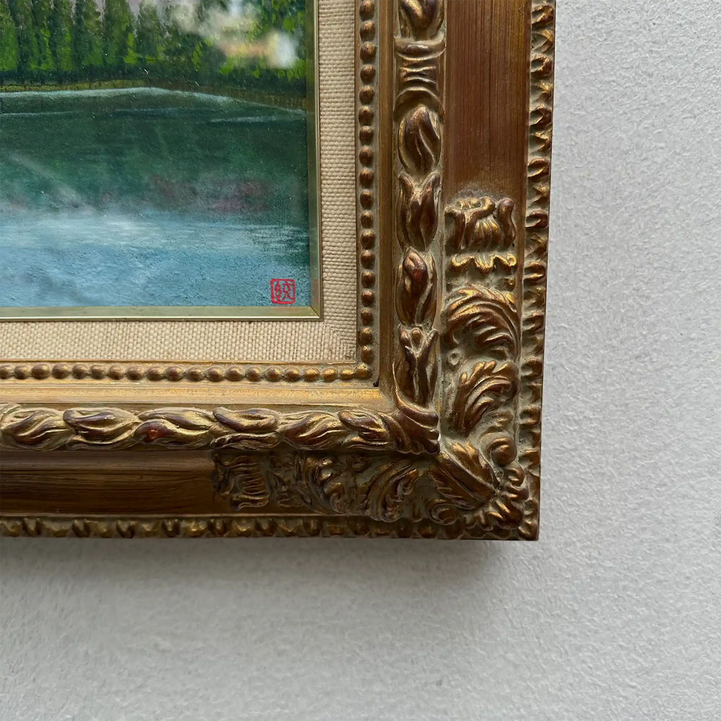 Original Hand-Painted Vintage Lakeside Landscape Oil Painting, Carved Solid Wood Frame, One of a Kind (Comes with Glass Cover) - Vintage Oil Painting - Arden Gallery