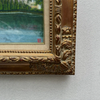 Original Hand-Painted Vintage Lakeside Landscape Oil Painting, Carved Solid Wood Frame, One of a Kind (Comes with Glass Cover) - Vintage Oil Painting - Arden Gallery