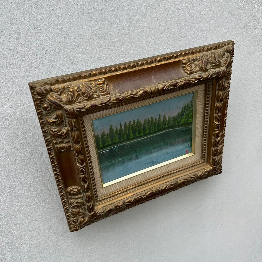 Original Hand-Painted Vintage Lakeside Landscape Oil Painting, Carved Solid Wood Frame, One of a Kind (Comes with Glass Cover) - Vintage Oil Painting - Arden Gallery