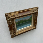 Original Hand-Painted Vintage Lakeside Landscape Oil Painting, Carved Solid Wood Frame, One of a Kind (Comes with Glass Cover) - Vintage Oil Painting - Arden Gallery