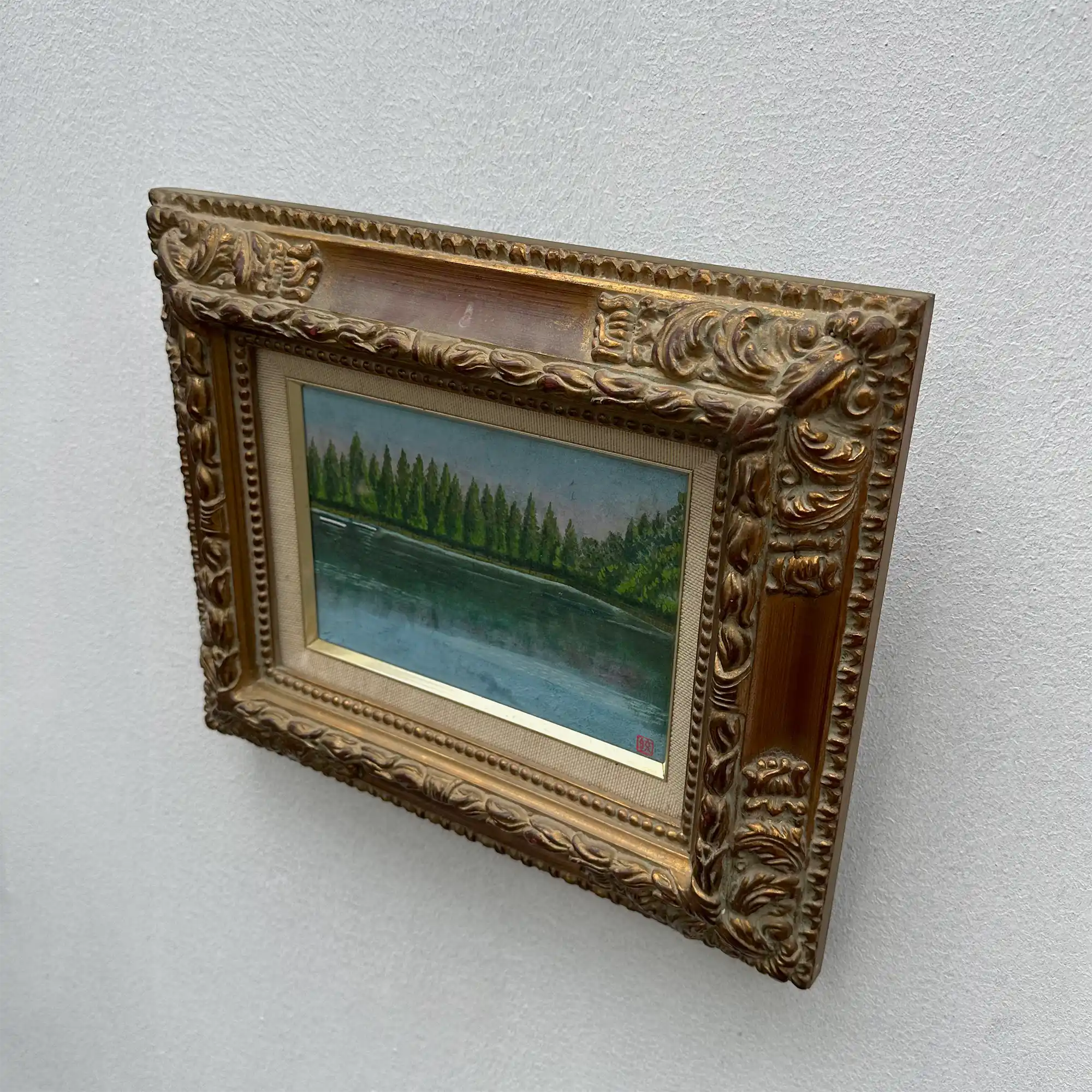Original Hand-Painted Vintage Lakeside Landscape Oil Painting, Carved Solid Wood Frame, One of a Kind (Comes with Glass Cover) - Vintage Oil Painting - Arden Gallery