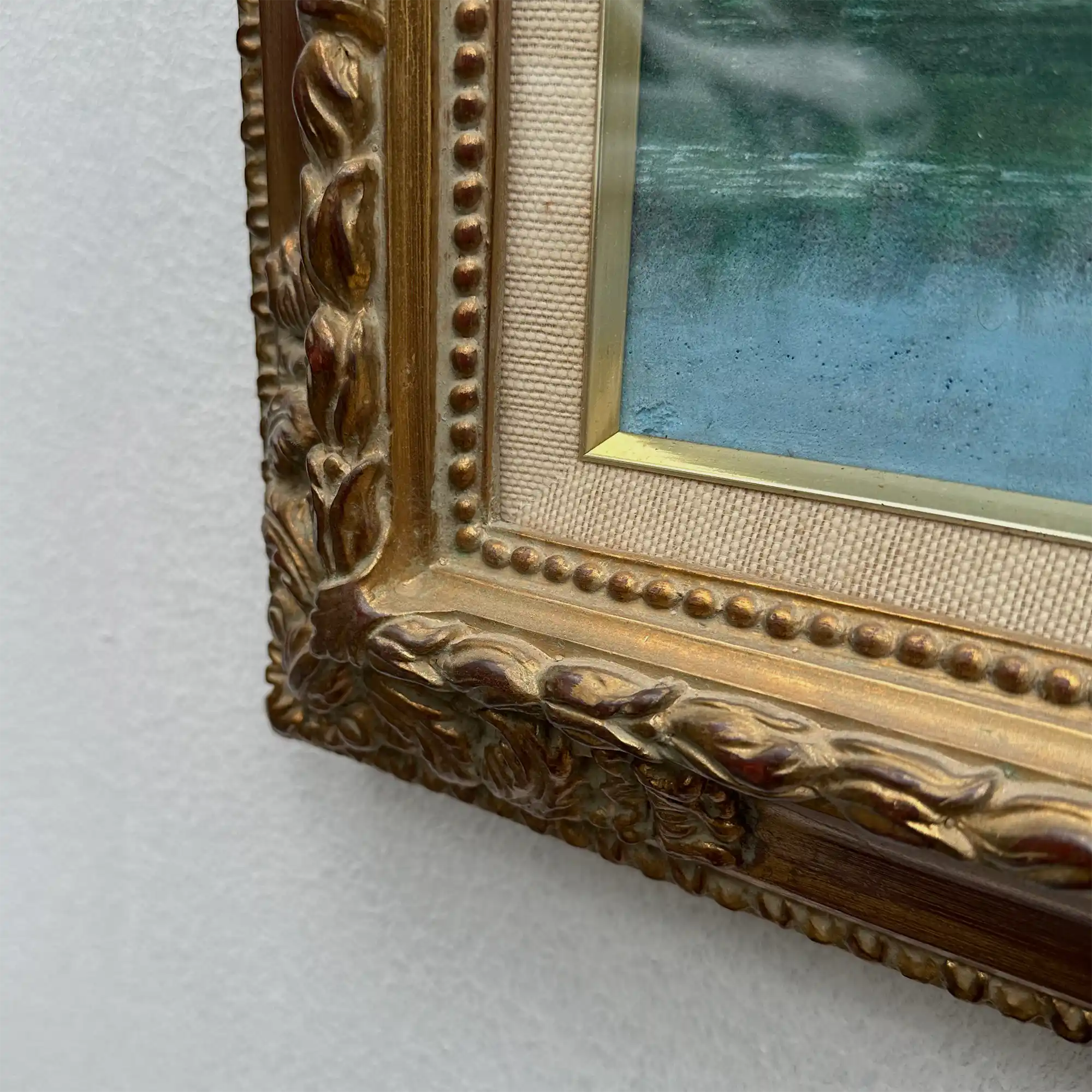 Original Hand-Painted Vintage Lakeside Landscape Oil Painting, Carved Solid Wood Frame, One of a Kind (Comes with Glass Cover) - Vintage Oil Painting - Arden Gallery