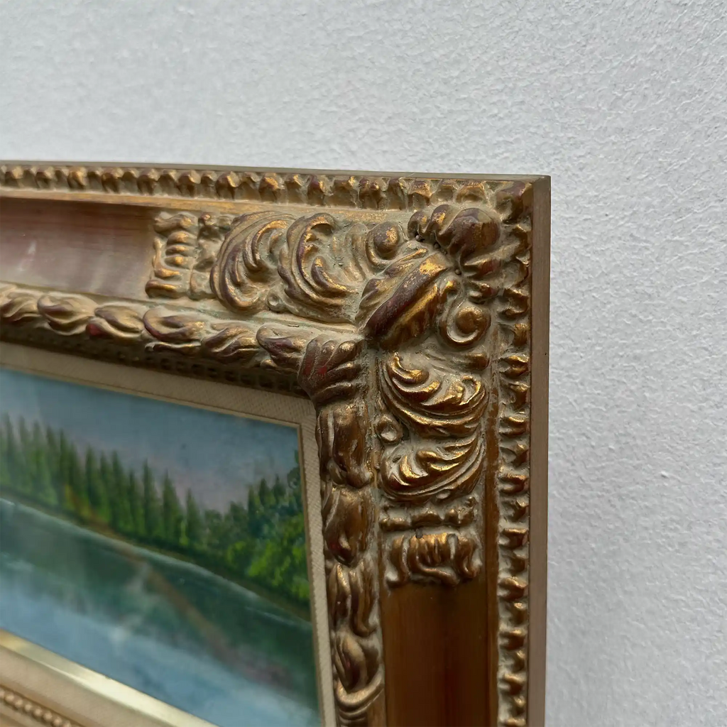 Original Hand-Painted Vintage Lakeside Landscape Oil Painting, Carved Solid Wood Frame, One of a Kind (Comes with Glass Cover) - Vintage Oil Painting - Arden Gallery