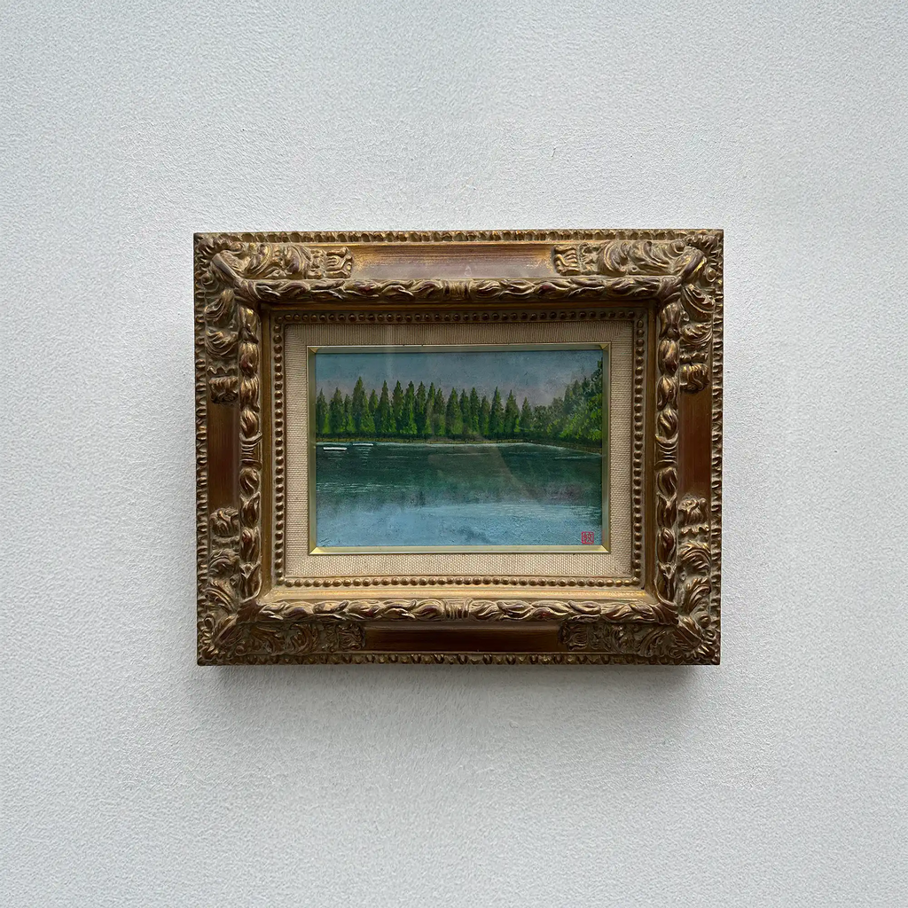 Original Hand-Painted Vintage Lakeside Landscape Oil Painting, Carved Solid Wood Frame, One of a Kind (Comes with Glass Cover) - Vintage Oil Painting - Arden Gallery