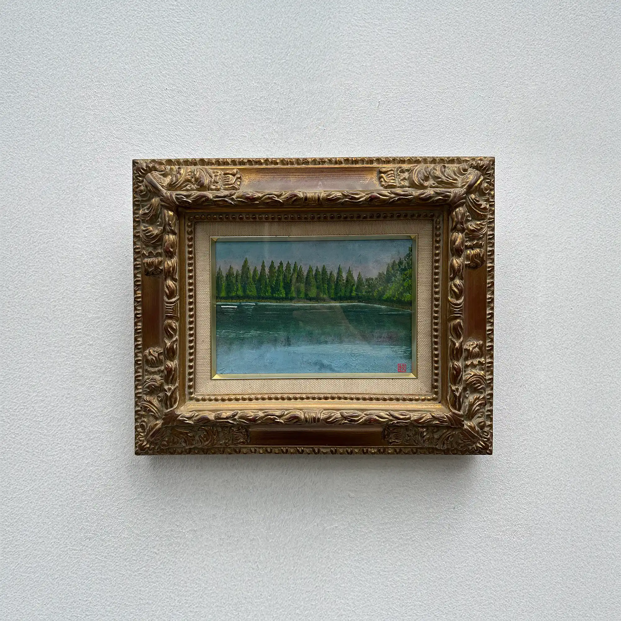 Original Hand-Painted Vintage Lakeside Landscape Oil Painting, Carved Solid Wood Frame, One of a Kind (Comes with Glass Cover) - Vintage Oil Painting - Arden Gallery