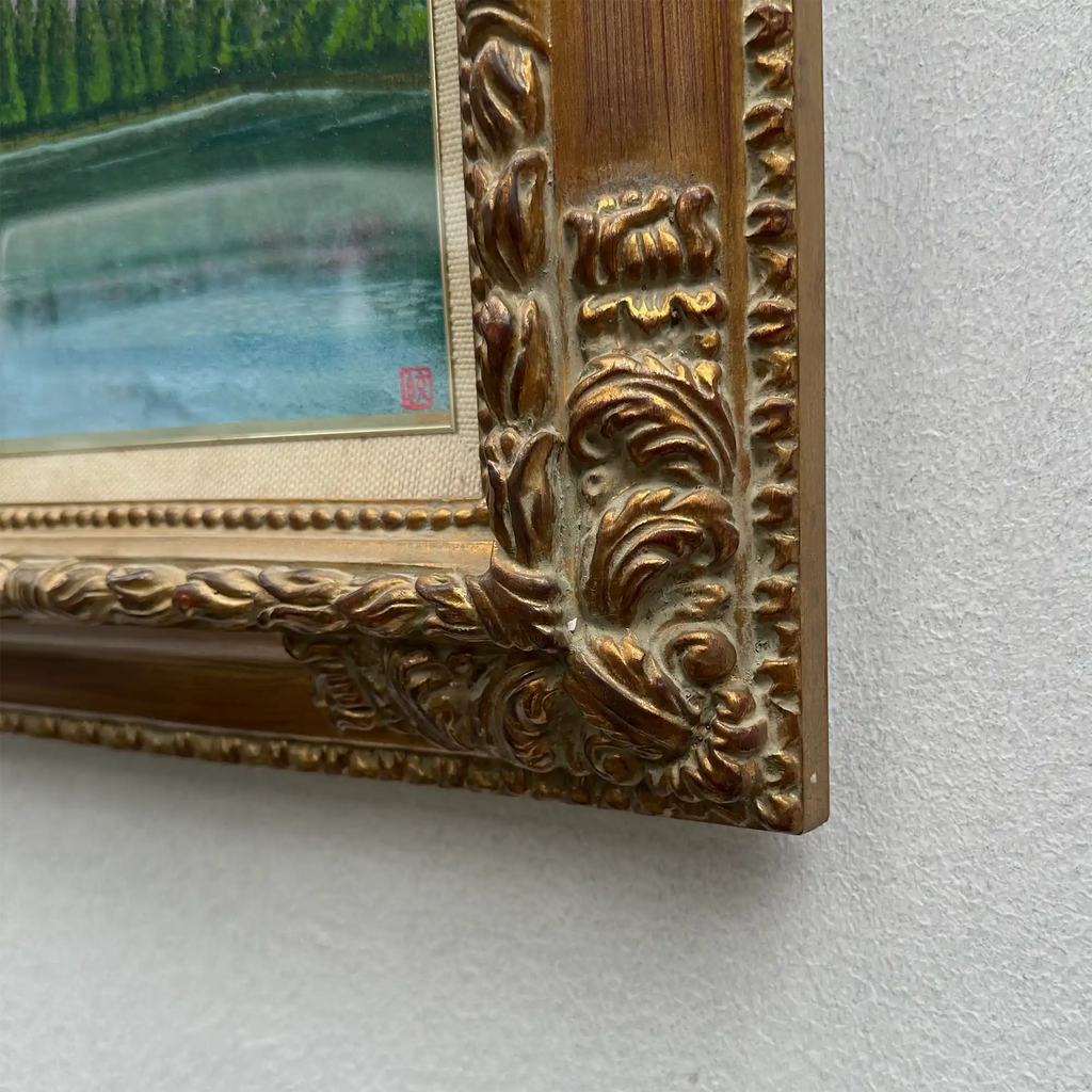 Original Hand-Painted Vintage Lakeside Landscape Oil Painting, Carved Solid Wood Frame, One of a Kind (Comes with Glass Cover) - Vintage Oil Painting - Arden Gallery