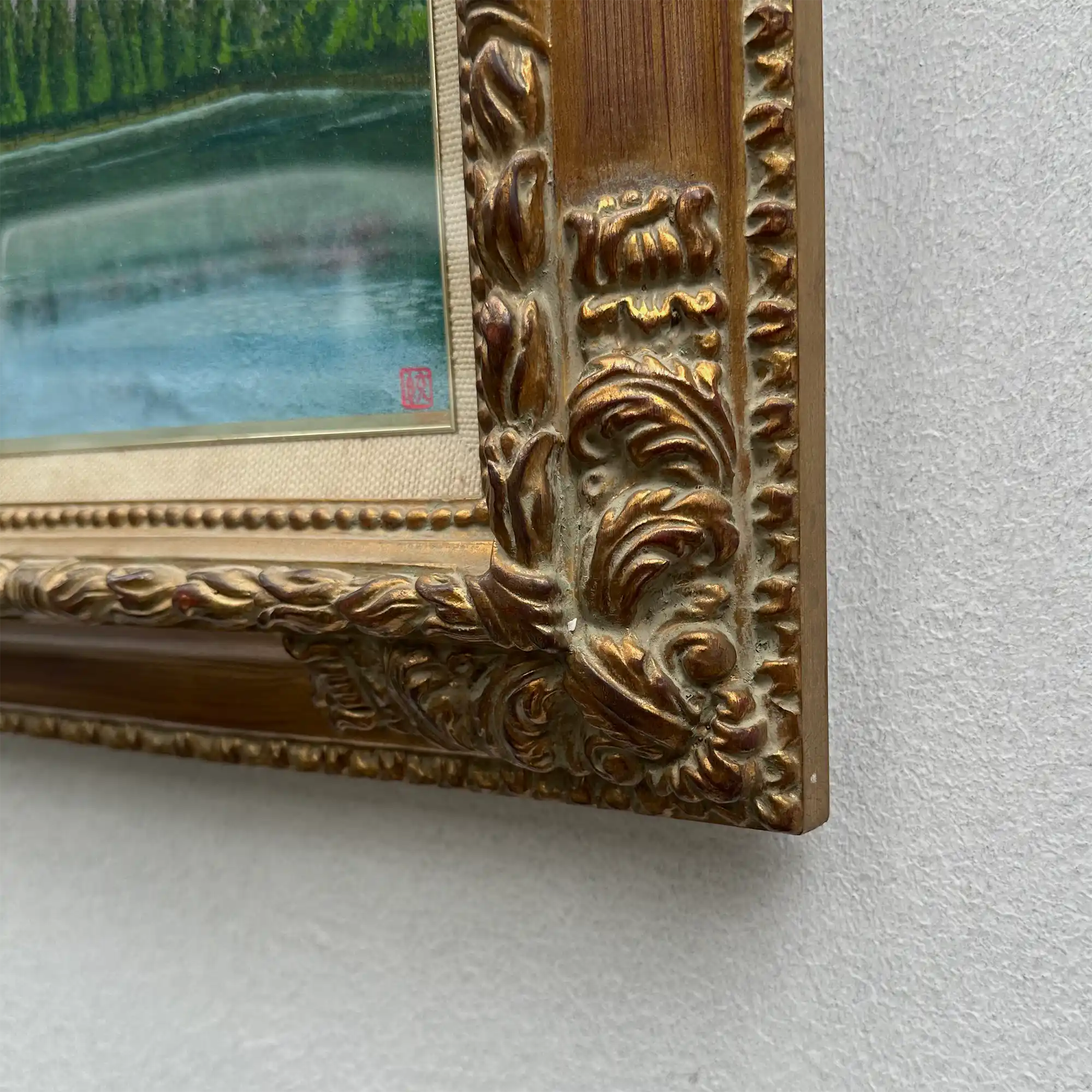 Original Hand-Painted Vintage Lakeside Landscape Oil Painting, Carved Solid Wood Frame, One of a Kind (Comes with Glass Cover) - Vintage Oil Painting - Arden Gallery