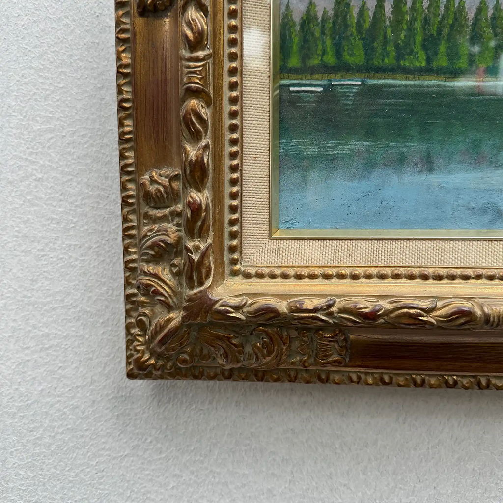 Original Hand-Painted Vintage Lakeside Landscape Oil Painting, Carved Solid Wood Frame, One of a Kind (Comes with Glass Cover) - Vintage Oil Painting - Arden Gallery