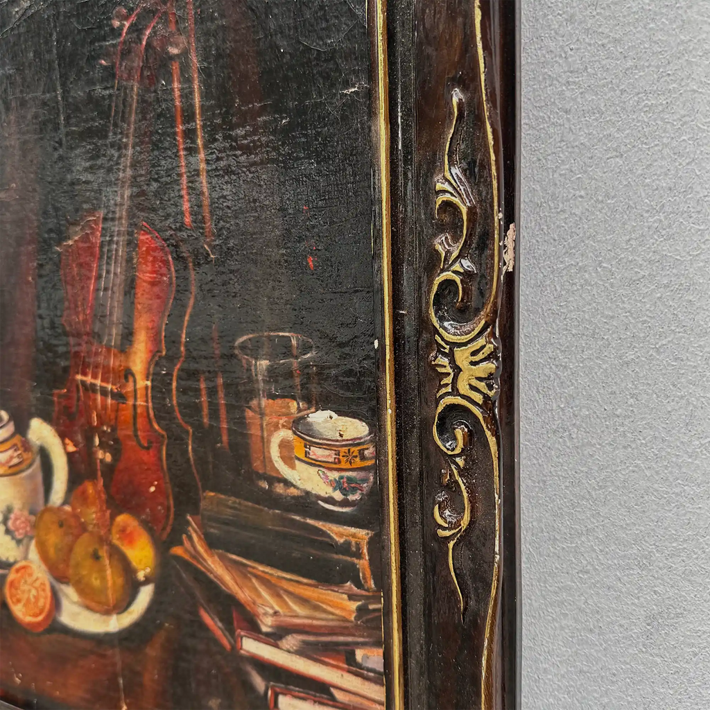 Original Hand-Painted Violin Still Life Oil Painting with Hand-Carved Solid Wood Frame (with Frame  45 × 55 cm) - Vintage Oil Painting - Arden Gallery